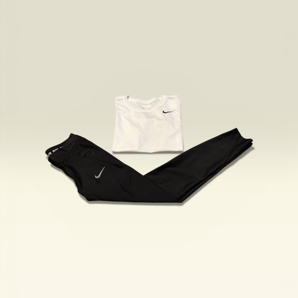 Two Nike Girls White shirts and Black Leggings Combo a short and long sleeve T. - Picture 3 of 14